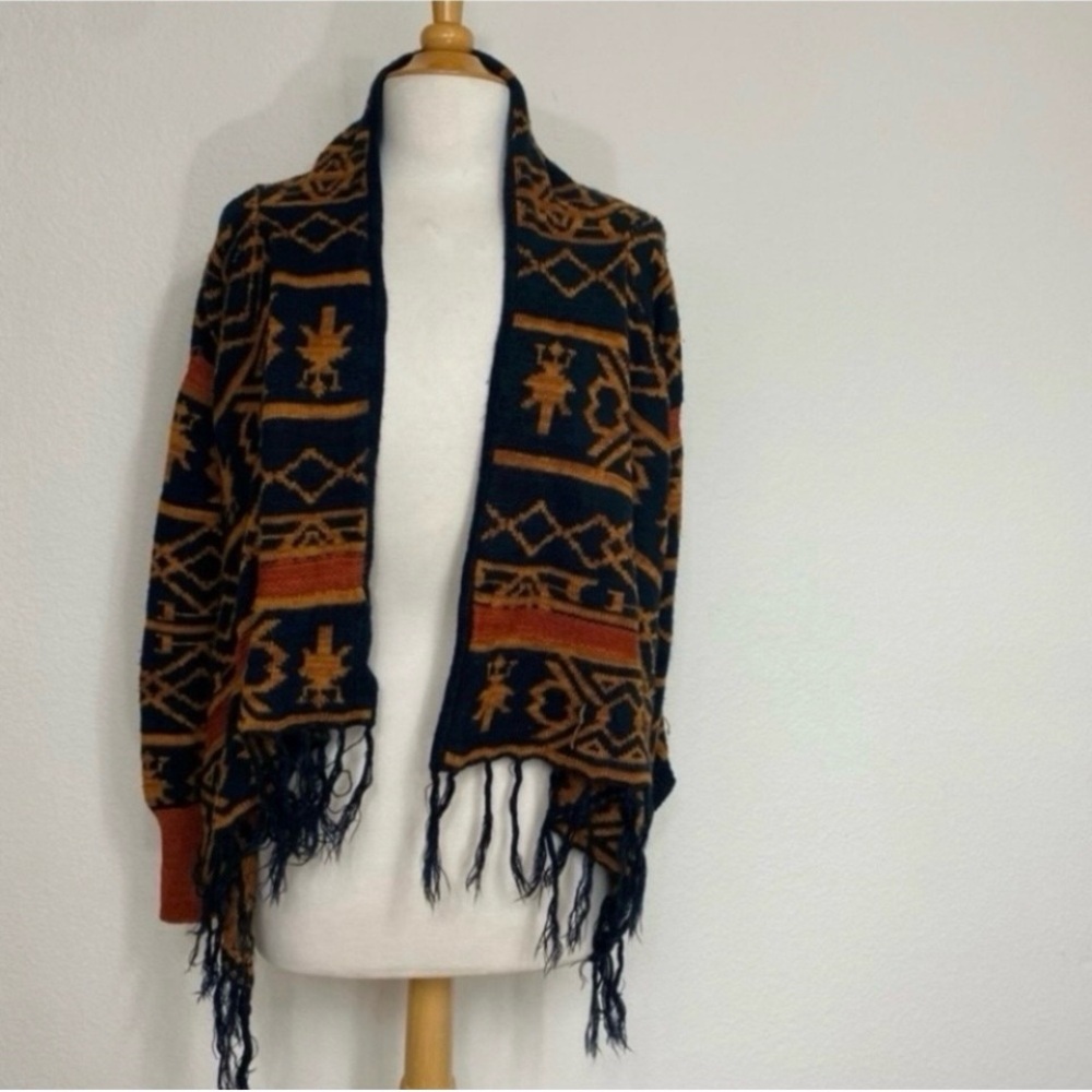 3/$25 Self Esteem Black Brown Aztec Open Acrylic Knit Cardigan Size Small Boho